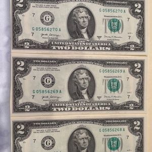 3 New $2 Bills 2017A Consecutive Low Serial # 68 To # 70 Two Dollar Notes Uncirc
